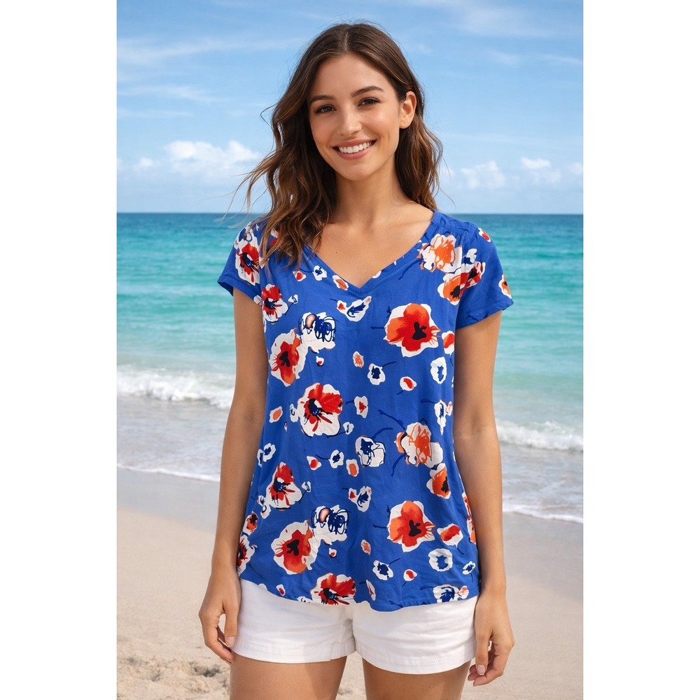 TOMMY HILFIGER Women's Small Short Sleeve Blue Red Poppy Floral -1395